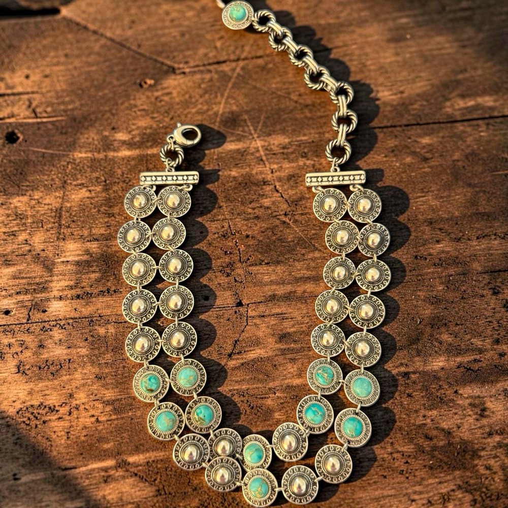 Chico's Genuine Jasper Silver Tone Medallion Necklace & Bracelet Set Boho